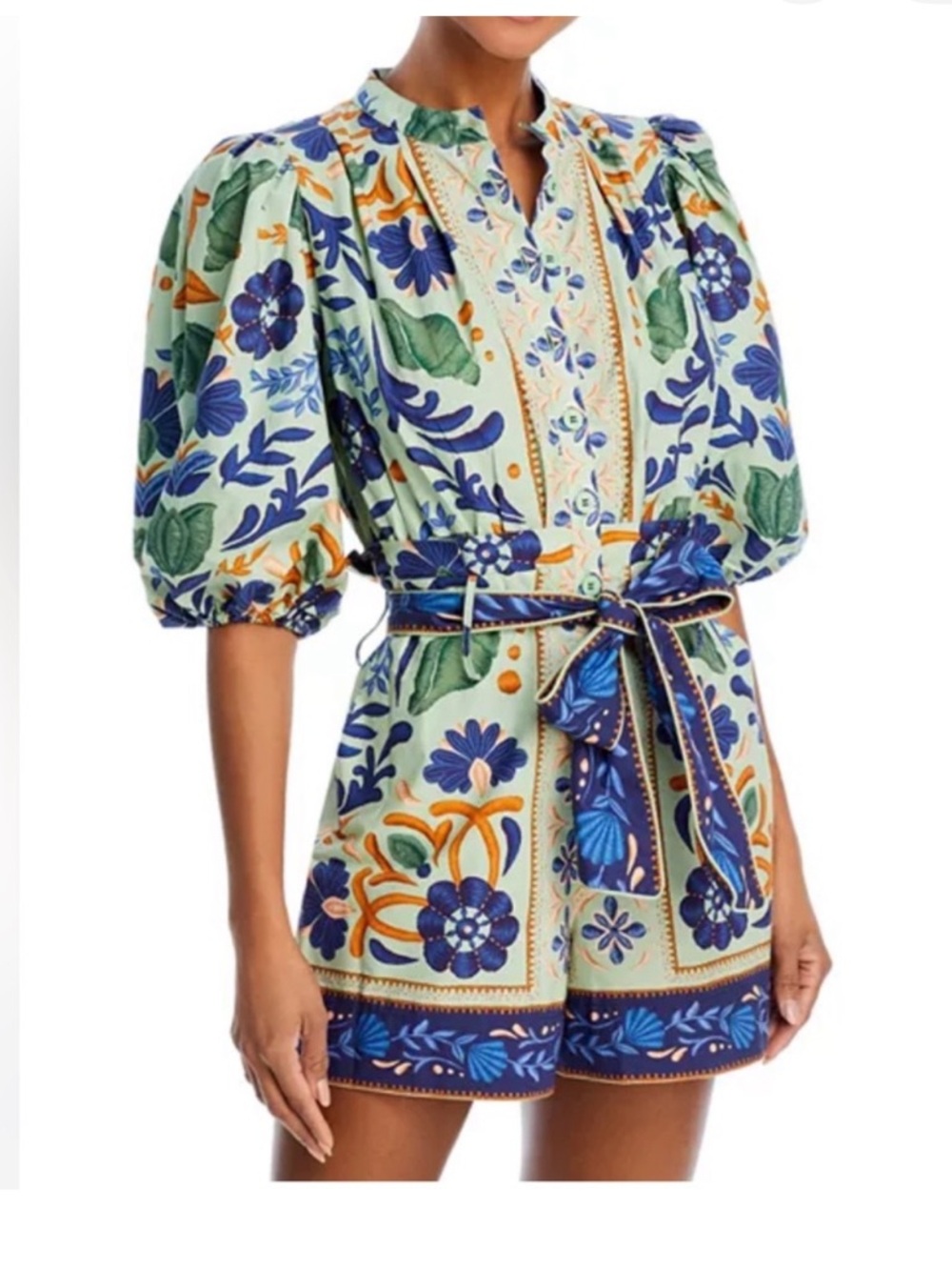 XXS $295 Farm Rio - Ocean Tapestry Green
Blue Romper NWT